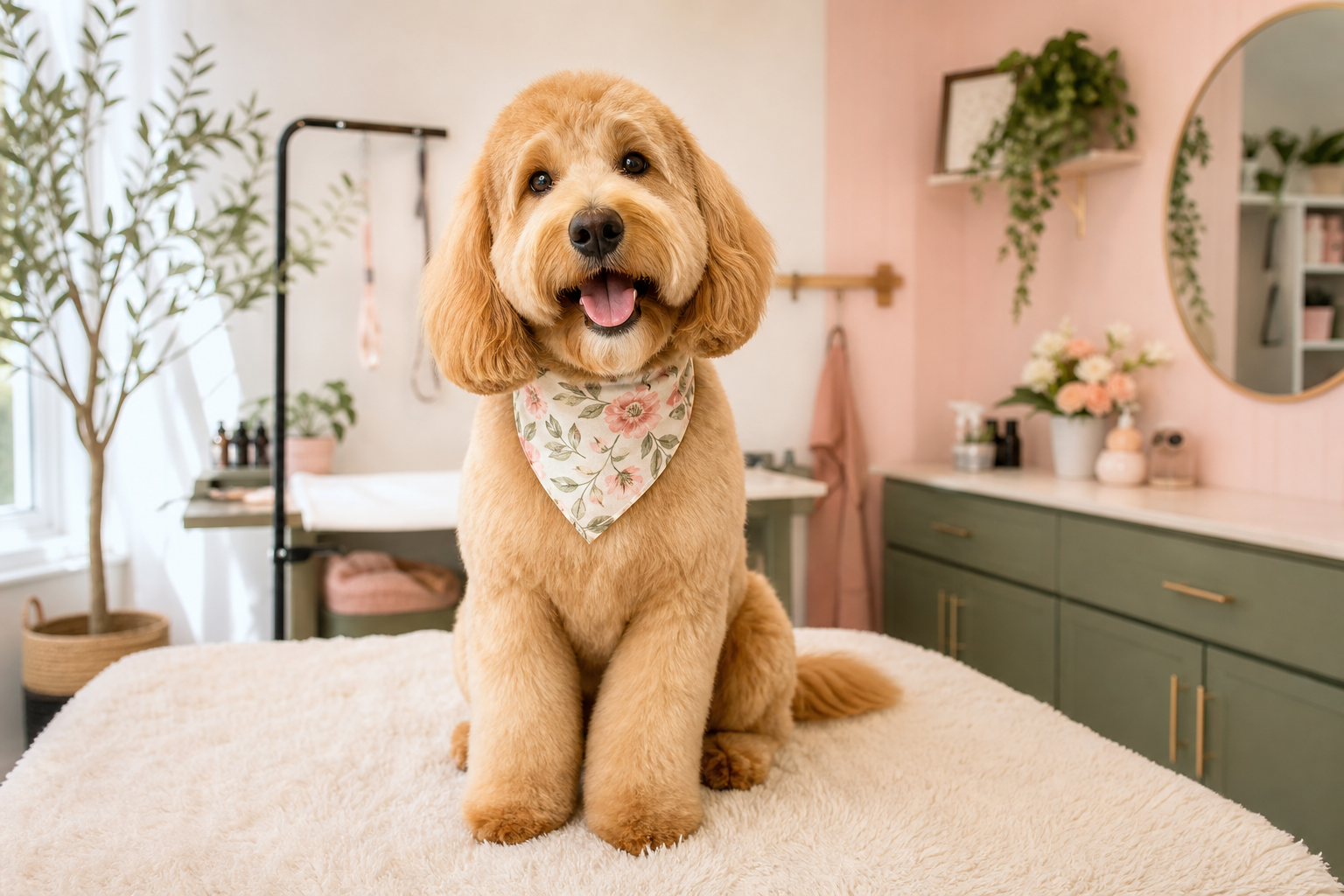 Happy groomed dog in a bright, welcoming grooming salon